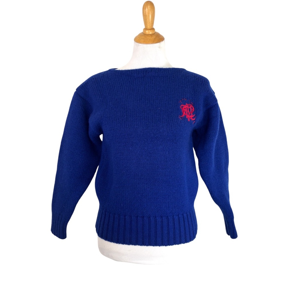 Vintage Ralph Lauren 100% Wool Knit Navy Blue Pullover Sweater Logo Crest - Picture 2 of 7